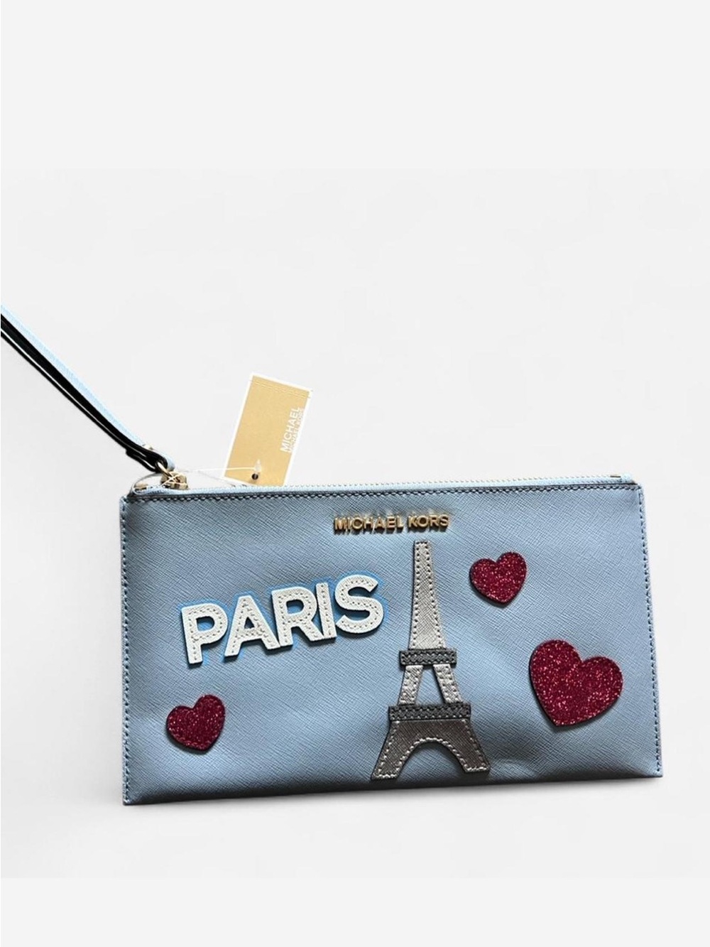 NWT Michael Kors Light Blue Paris Patch Wristlet with Red Heart Accents